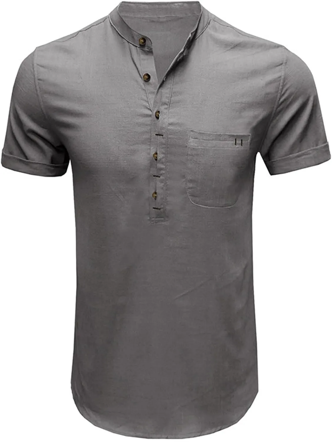 Xiaojmake Men's Casual Henley Shirt Band Collar Short Sleeve Hippie Shirt Summer Beach Button Down Linen Shirts Lightweight