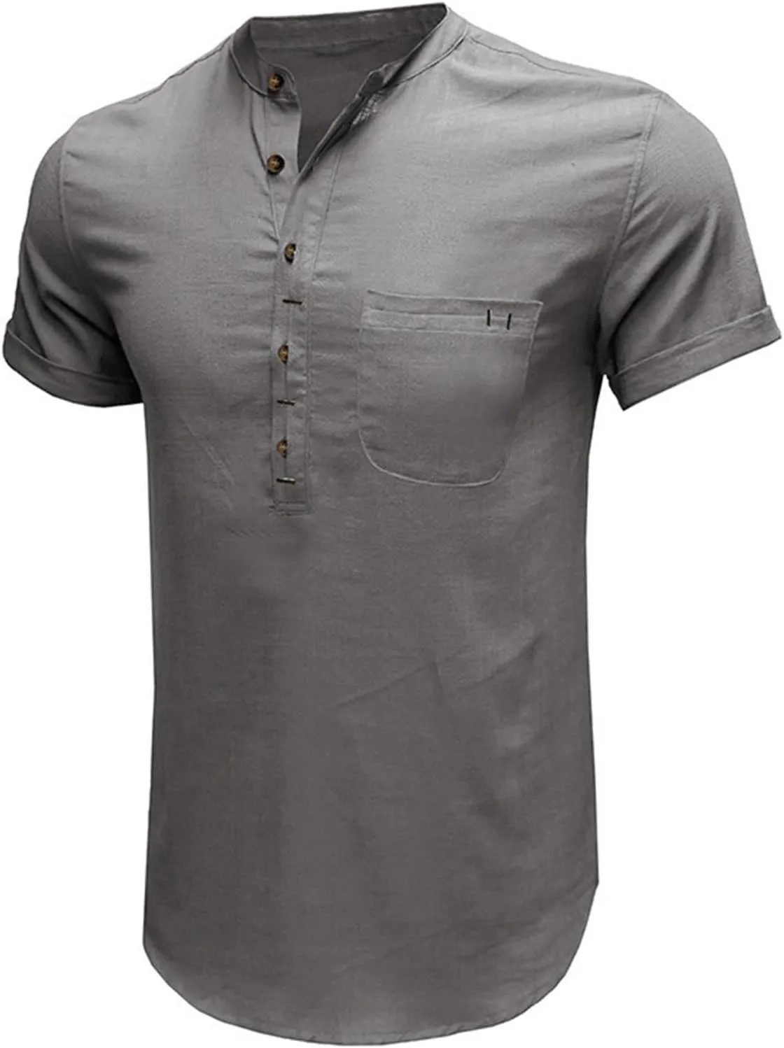 Xiaojmake Men's Casual Henley Shirt Band Collar Short Sleeve Hippie Shirt Summer Beach Button Down Linen Shirts Lightweight