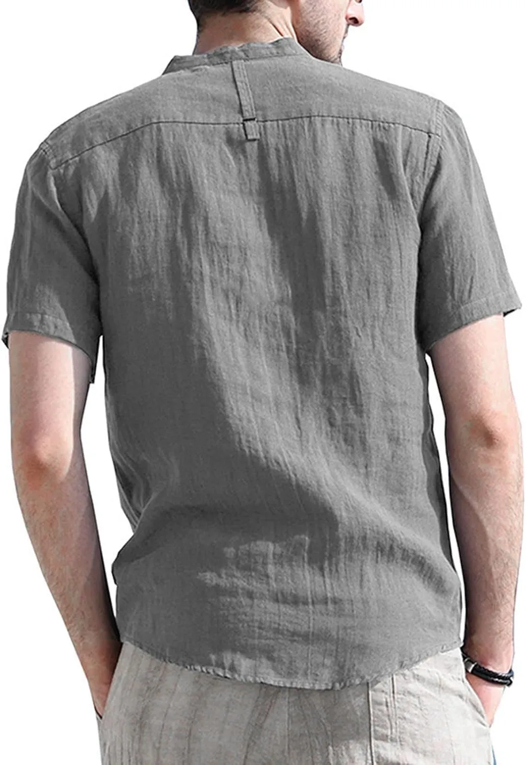 Xiaojmake Men's Casual Henley Shirt Band Collar Short Sleeve Hippie Shirt Summer Beach Button Down Linen Shirts Lightweight