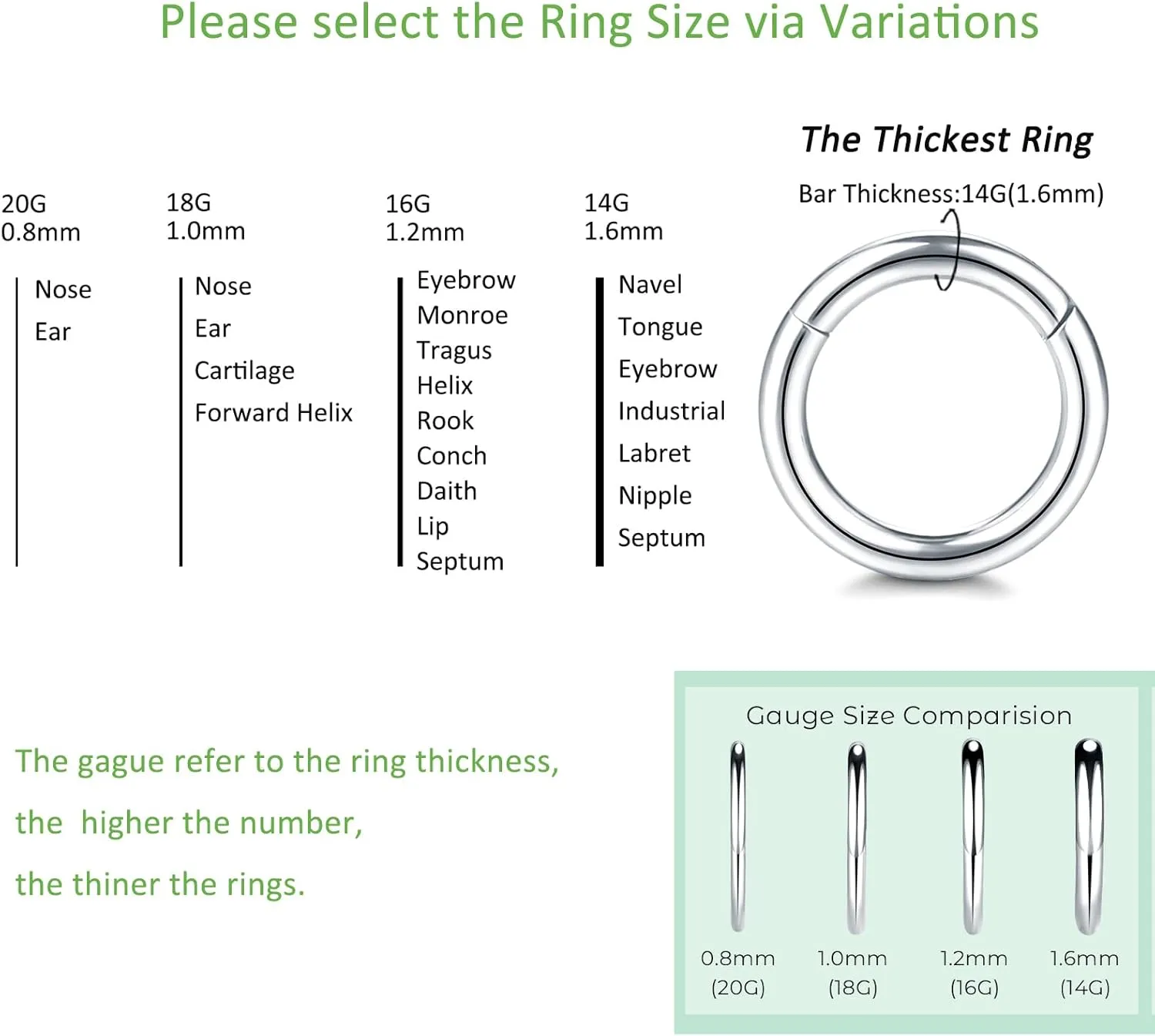 Xpircn Nose Rings 20G 18G 16G 14G Lip Septum Rings 316L Surgical Steel Tragus Daith Cartilage Earrings for Women Nose Ring Hoop Hinged Segment Ring Nose Piercing Jewelry