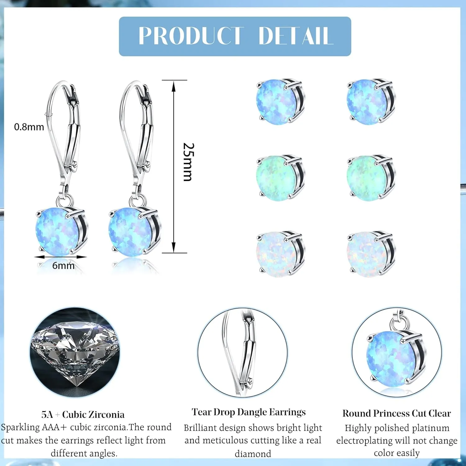 YADOCA 4/6 Pairs Silver Dangle Earrings for Women CZ Dangle Earrings Set Hypoallergenic Round Square Teardrop Cubic Zirconia Opal Leverback Earrings