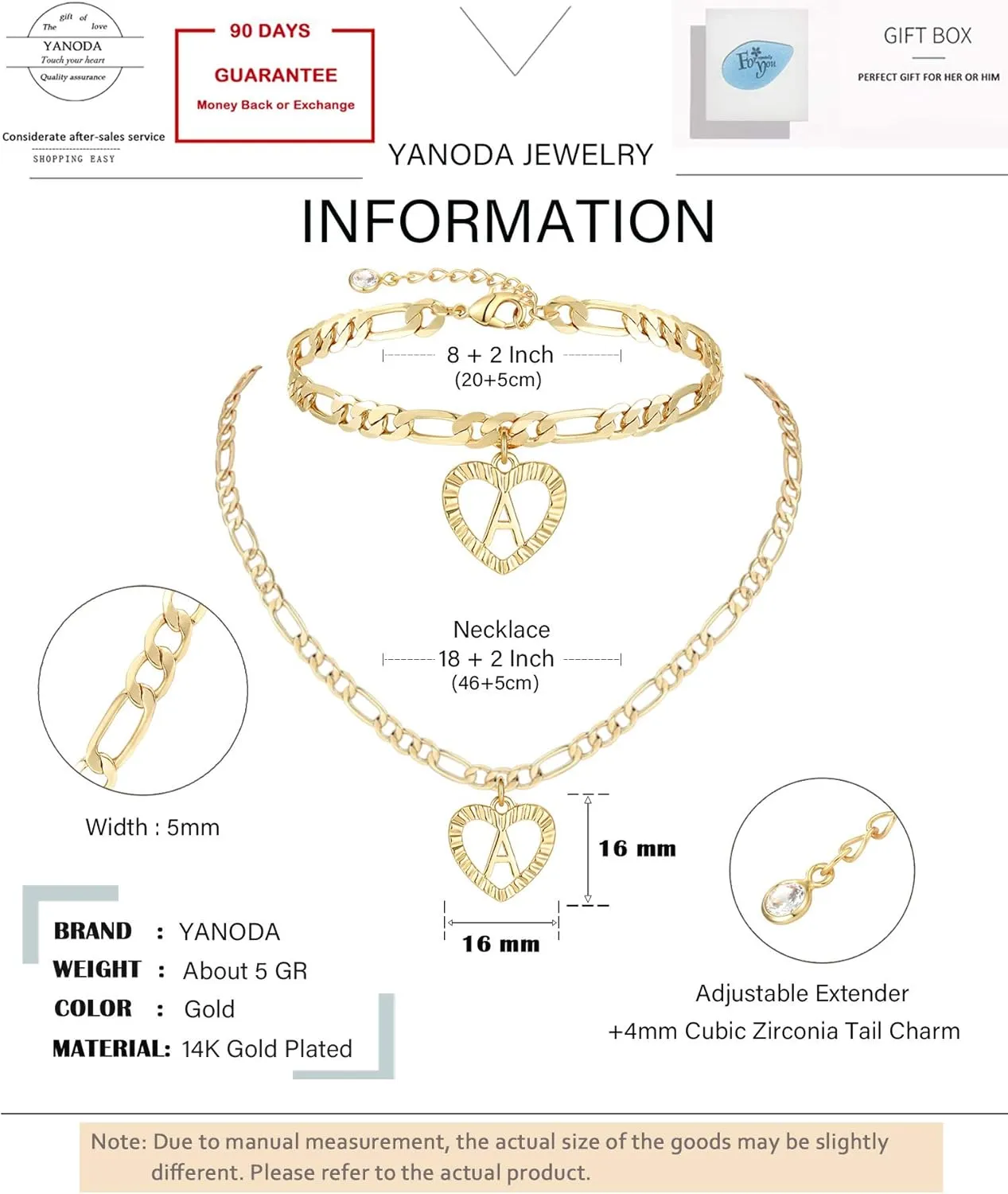 YANODA Gold Initial Pendant Necklace Anklet Bracelet for Women 14K Gold Plated Figaro Chain Letter Initial Heart Necklace Anklets Alphabet Foot Jewelry Personalized Jewelry for Women