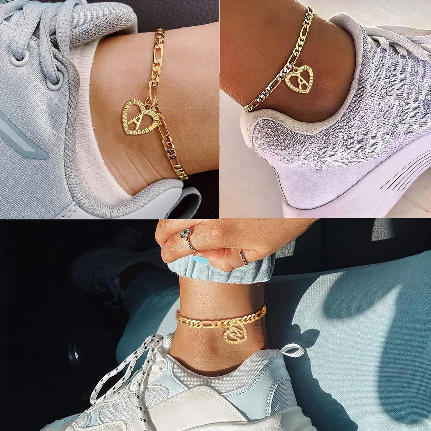 YANODA Gold Initial Pendant Necklace Anklet Bracelet for Women 14K Gold Plated Figaro Chain Letter Initial Heart Necklace Anklets Alphabet Foot Jewelry Personalized Jewelry for Women
