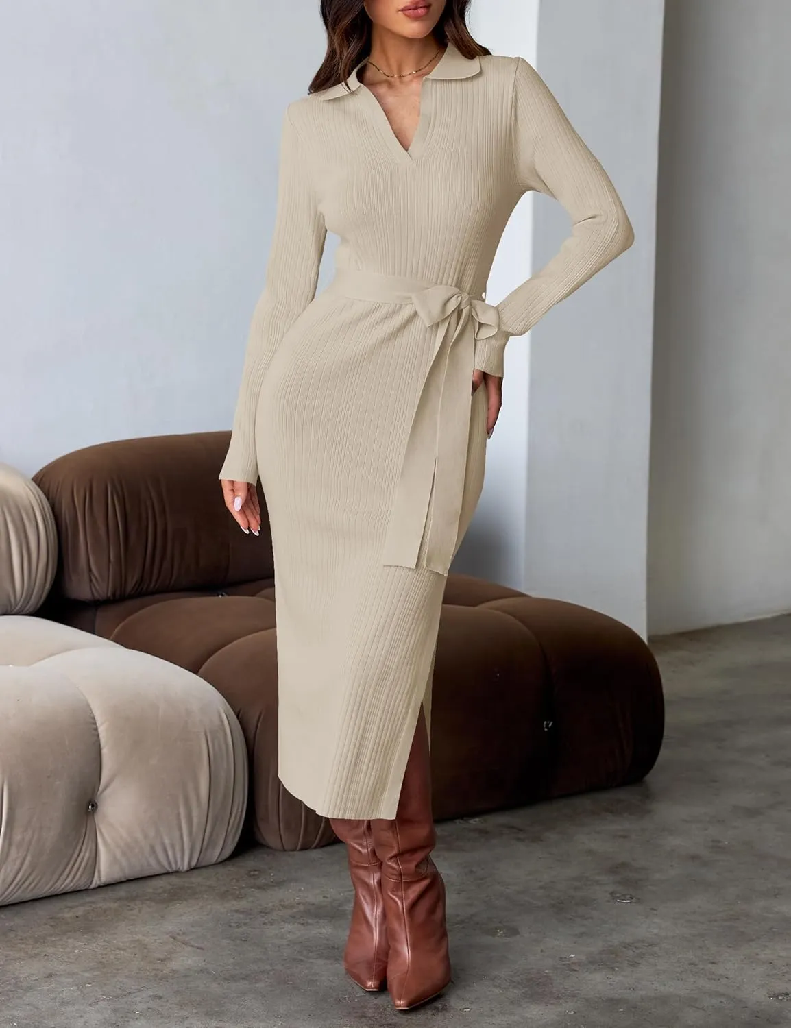 ZESICA Women's Spring Long Sleeve Sweater Dress Lapel V Neck Ribbed Knit Side Slit Bodycon Midi Dresses with Belt