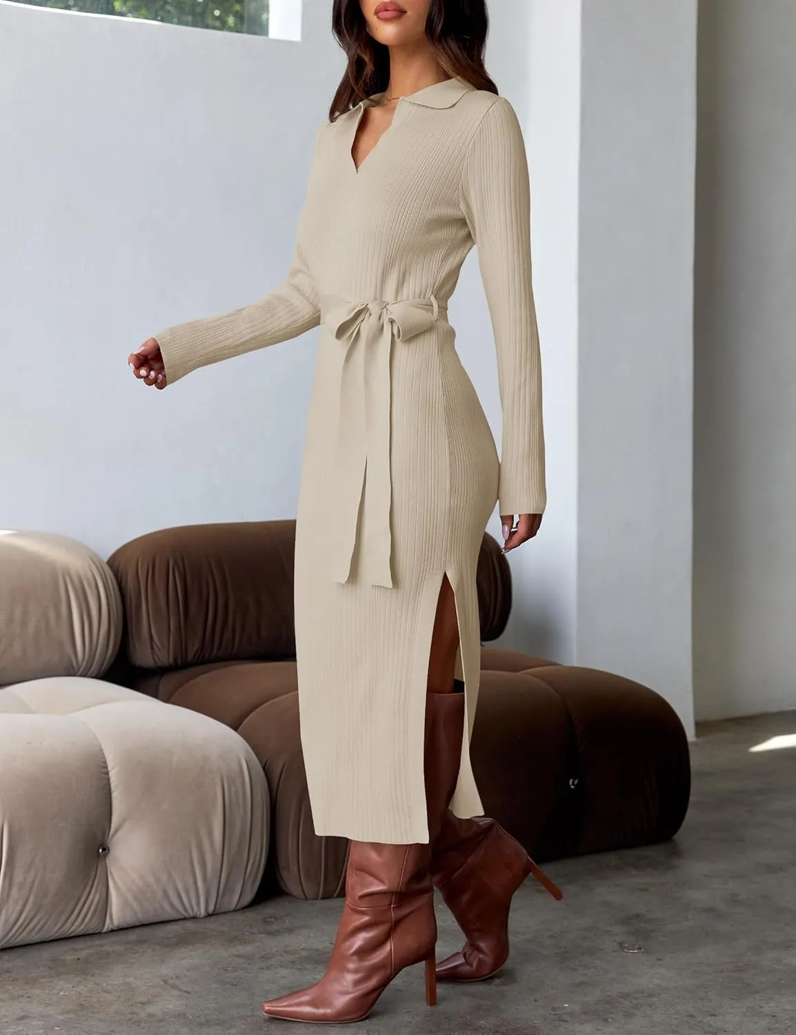 ZESICA Women's Spring Long Sleeve Sweater Dress Lapel V Neck Ribbed Knit Side Slit Bodycon Midi Dresses with Belt