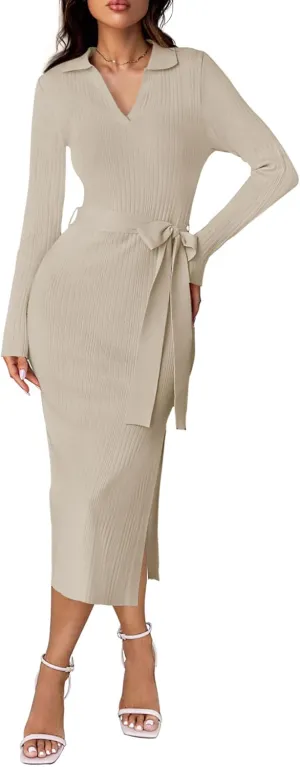 ZESICA Women's Spring Long Sleeve Sweater Dress Lapel V Neck Ribbed Knit Side Slit Bodycon Midi Dresses with Belt