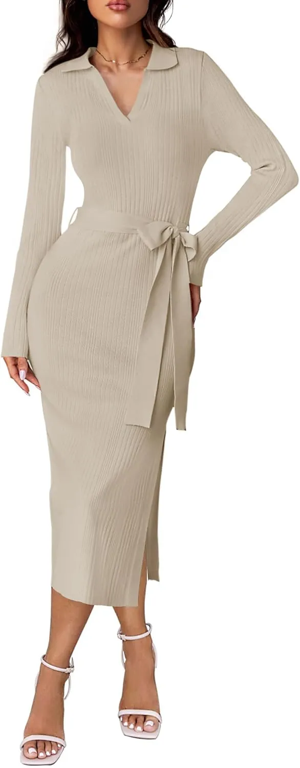 ZESICA Women's Spring Long Sleeve Sweater Dress Lapel V Neck Ribbed Knit Side Slit Bodycon Midi Dresses with Belt