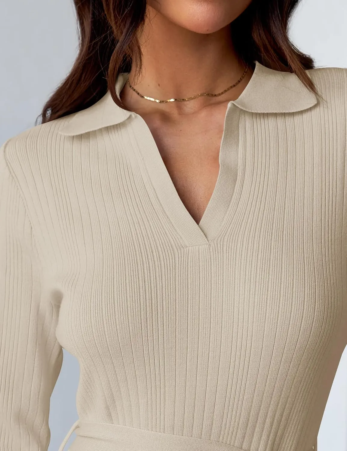 ZESICA Women's Spring Long Sleeve Sweater Dress Lapel V Neck Ribbed Knit Side Slit Bodycon Midi Dresses with Belt