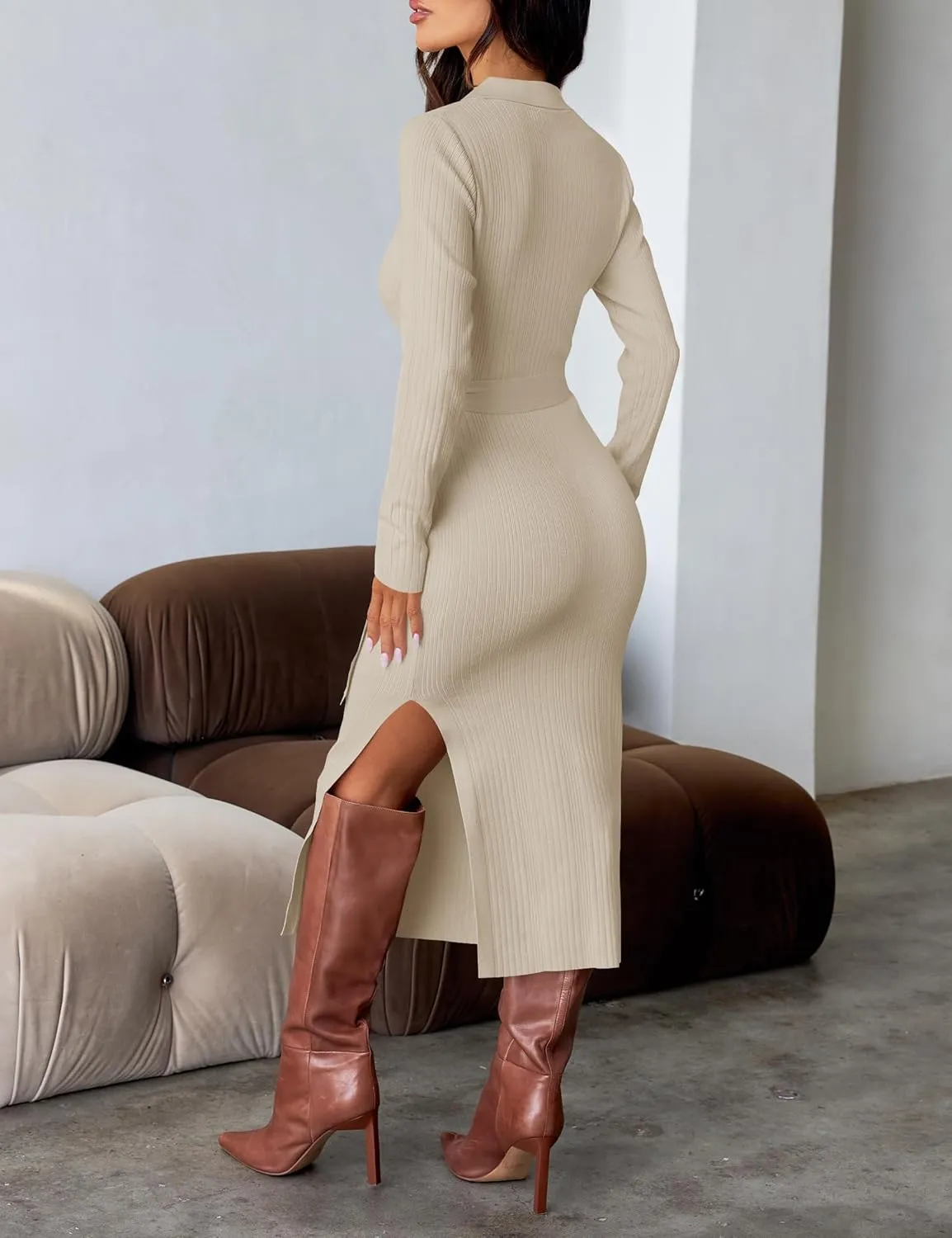ZESICA Women's Spring Long Sleeve Sweater Dress Lapel V Neck Ribbed Knit Side Slit Bodycon Midi Dresses with Belt