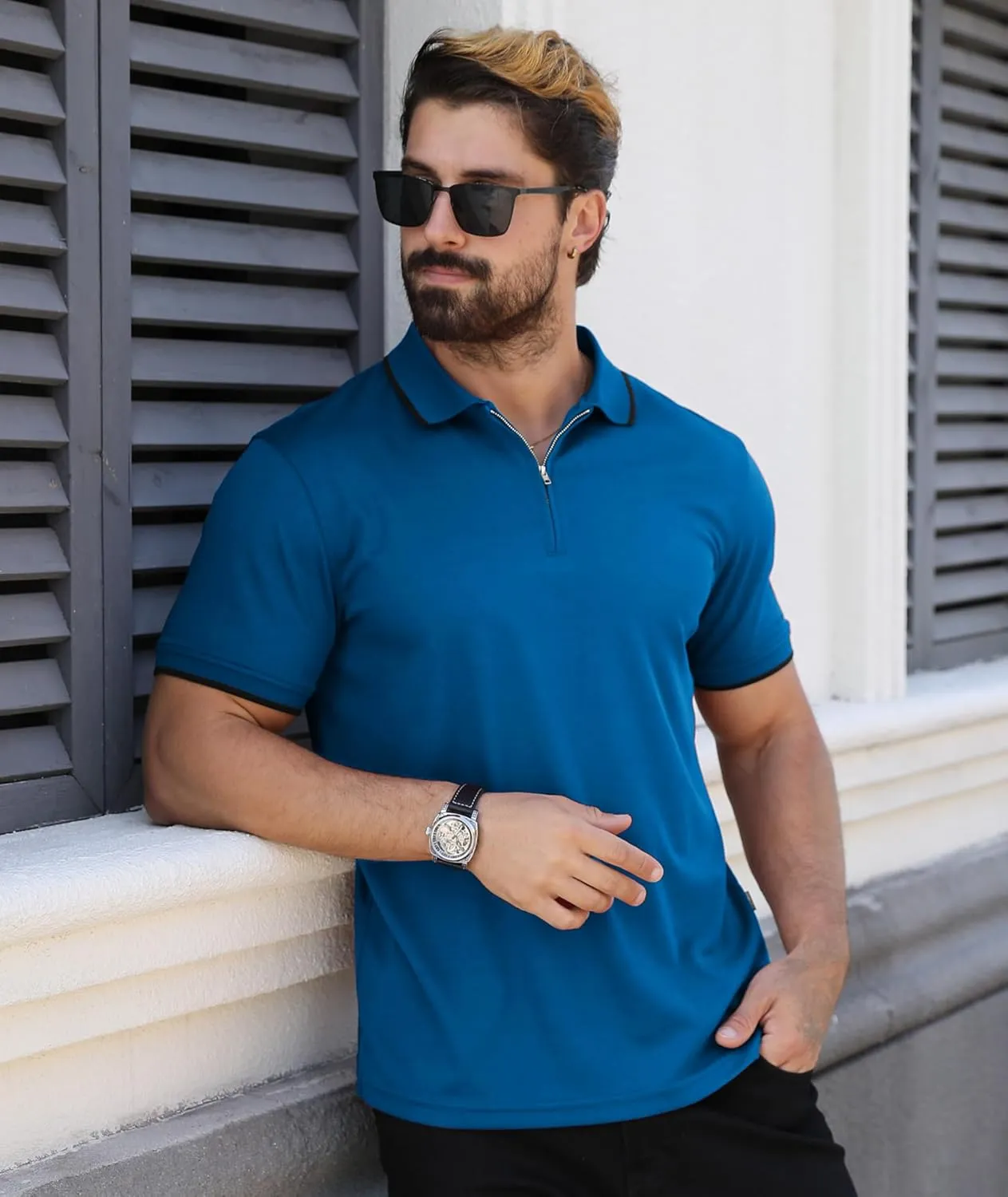 ZITY Polo Shirts for Men Quarter Zip Casual Shirts Short Sleeve Moisture Wicking Golf Polo Collared Shirts